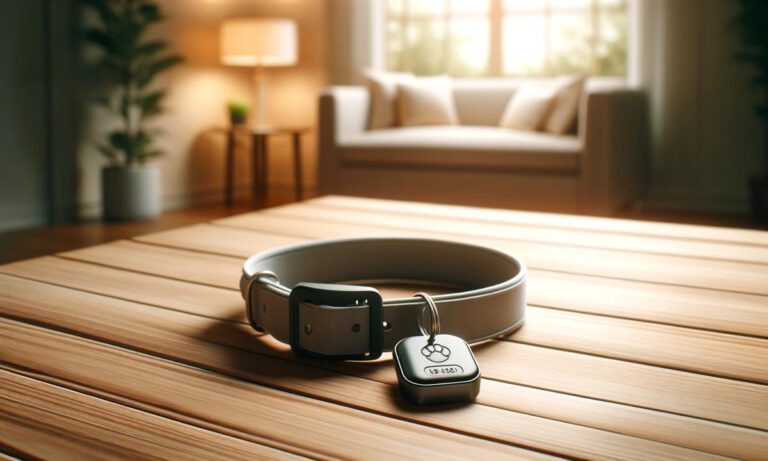 Collar para mascotas con GPS y placa de identificación en un ambiente hogareño.